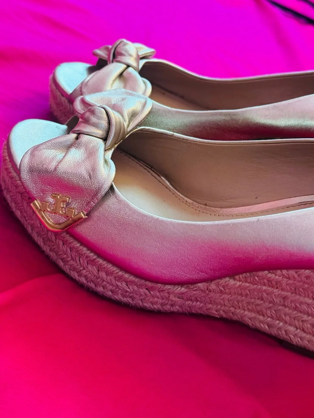 Tory Burch Metallic Gold Knot Espadrille Wedge Flats
